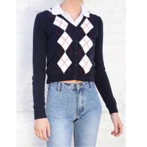 Brandy Melville John Galt Argyle Cardigan Button Navy White Red academia Preppy